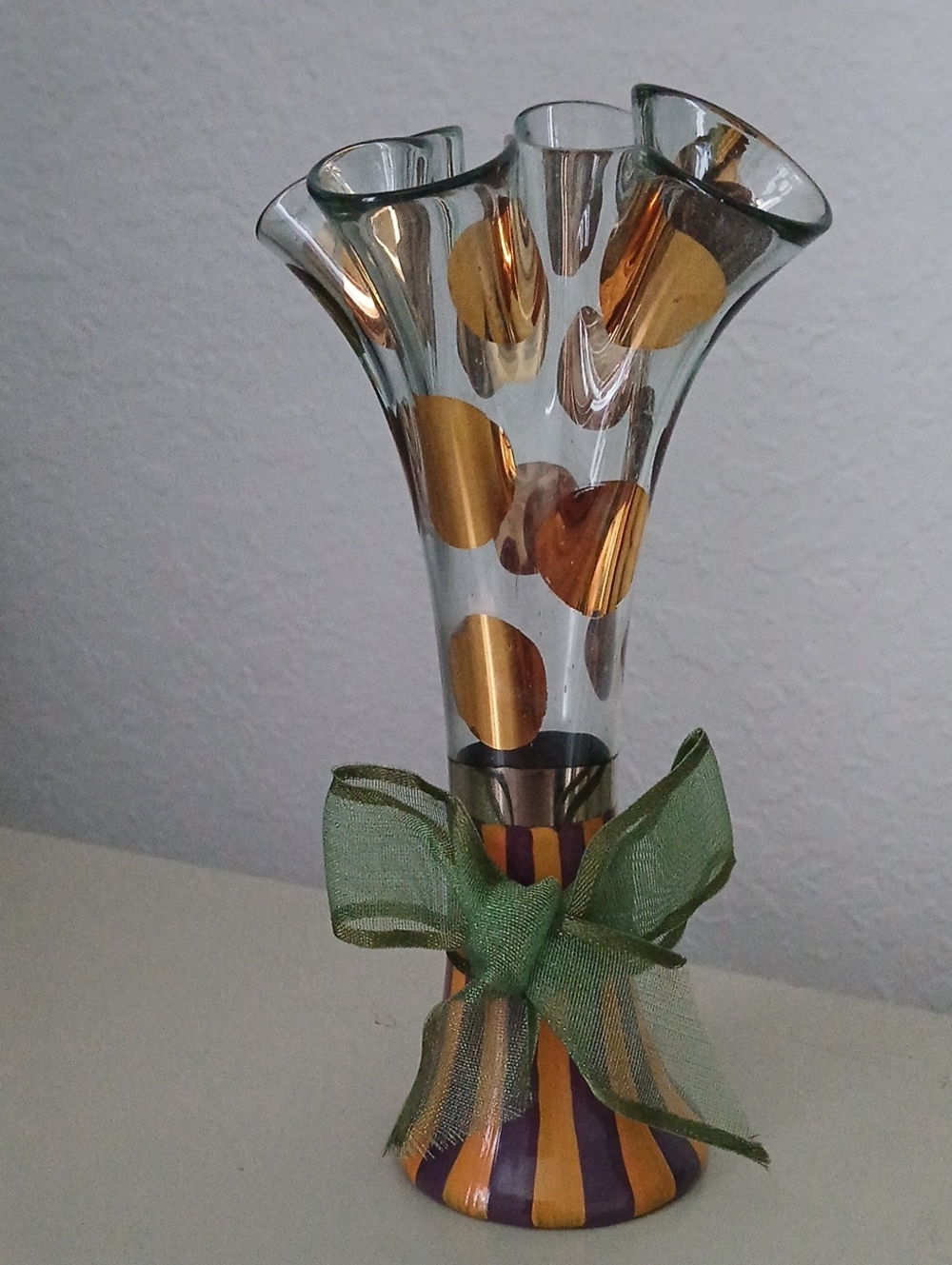 MackenzieChilds Handblown Ruffled Glass Vase with Gold Dot Accents and Green Bow
